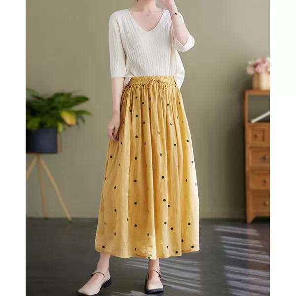 imagechouyatou Womens Elegant Polka Dot ALine Skirt Boho Swing Pleated Cotton Midi Long SkirtYellow
