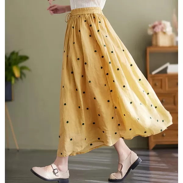 imagechouyatou Womens Elegant Polka Dot ALine Skirt Boho Swing Pleated Cotton Midi Long SkirtYellow