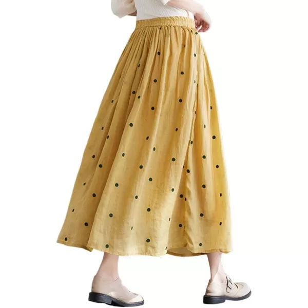 imagechouyatou Womens Elegant Polka Dot ALine Skirt Boho Swing Pleated Cotton Midi Long SkirtYellow