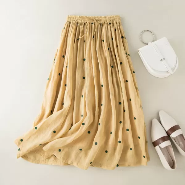 imagechouyatou Womens Elegant Polka Dot ALine Skirt Boho Swing Pleated Cotton Midi Long SkirtYellow