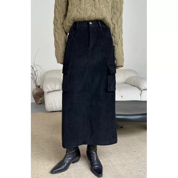 imagechouyatou Womens Fall Elastic High Waisted Corduory Skirt Straight Fit Midi Long Cargo Skirt with SplitBlack