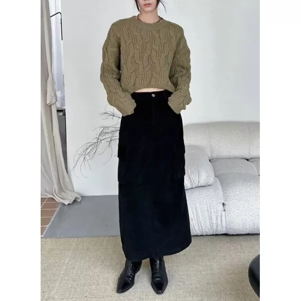imagechouyatou Womens Fall Elastic High Waisted Corduory Skirt Straight Fit Midi Long Cargo Skirt with SplitBlack