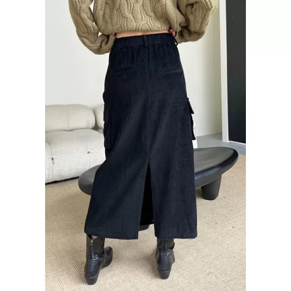 imagechouyatou Womens Fall Elastic High Waisted Corduory Skirt Straight Fit Midi Long Cargo Skirt with SplitBlack