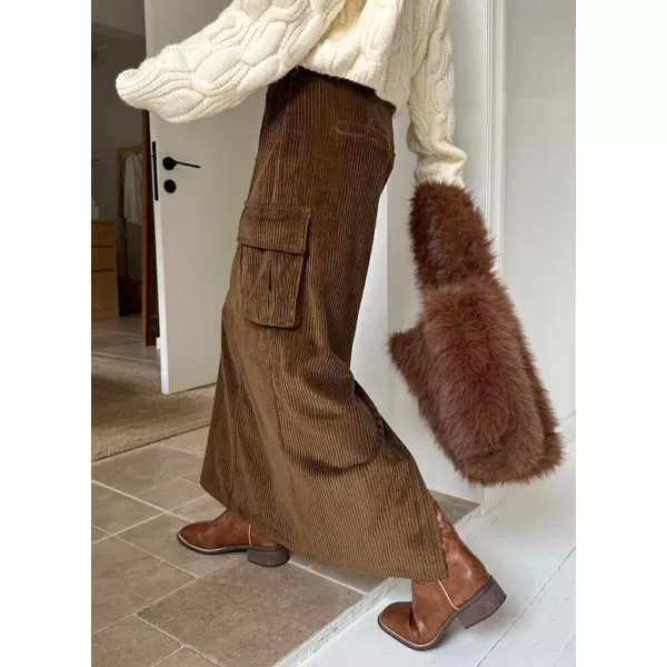 imagechouyatou Womens Fall Elastic High Waisted Corduory Skirt Straight Fit Midi Long Cargo Skirt with SplitBrown