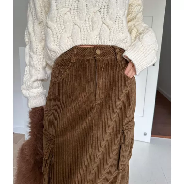 imagechouyatou Womens Fall Elastic High Waisted Corduory Skirt Straight Fit Midi Long Cargo Skirt with SplitBrown