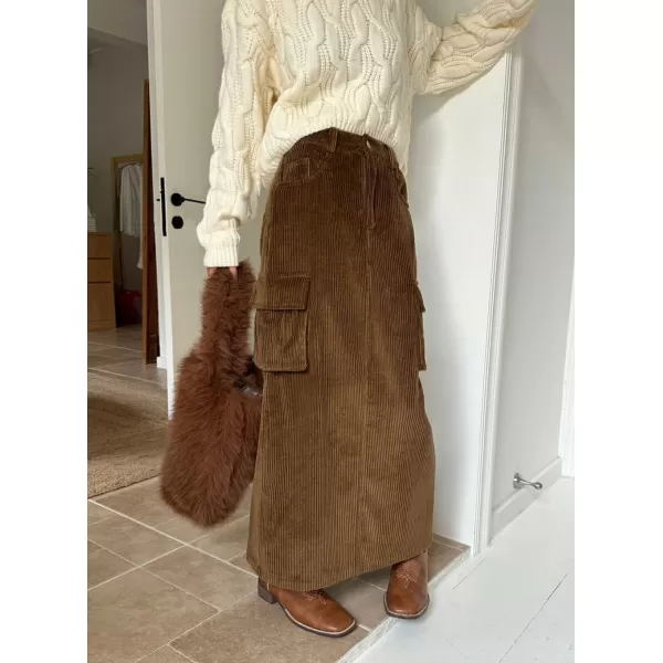 imagechouyatou Womens Fall Elastic High Waisted Corduory Skirt Straight Fit Midi Long Cargo Skirt with SplitBrown