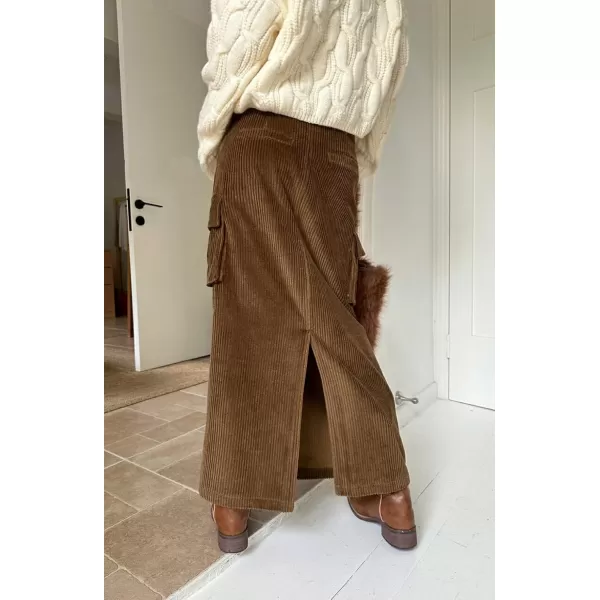 imagechouyatou Womens Fall Elastic High Waisted Corduory Skirt Straight Fit Midi Long Cargo Skirt with SplitBrown