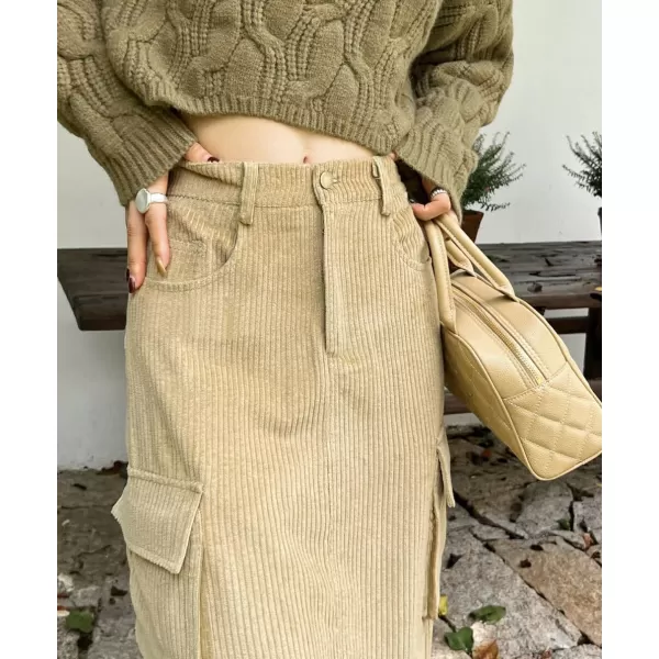 imagechouyatou Womens Fall Elastic High Waisted Corduory Skirt Straight Fit Midi Long Cargo Skirt with SplitKhaki