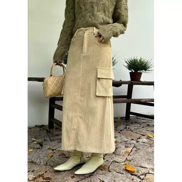 imagechouyatou Womens Fall Elastic High Waisted Corduory Skirt Straight Fit Midi Long Cargo Skirt with SplitKhaki