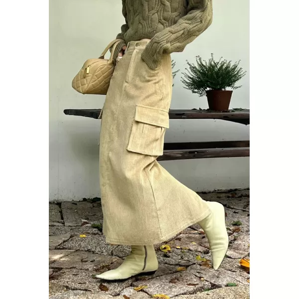 imagechouyatou Womens Fall Elastic High Waisted Corduory Skirt Straight Fit Midi Long Cargo Skirt with SplitKhaki