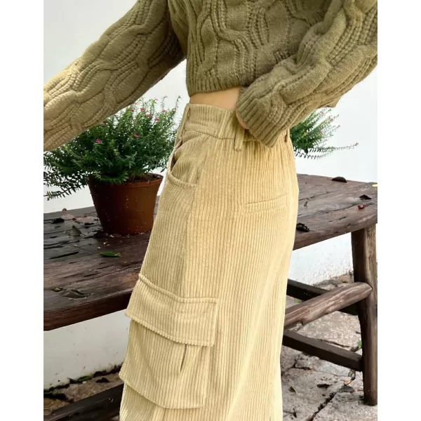 imagechouyatou Womens Fall Elastic High Waisted Corduory Skirt Straight Fit Midi Long Cargo Skirt with SplitKhaki