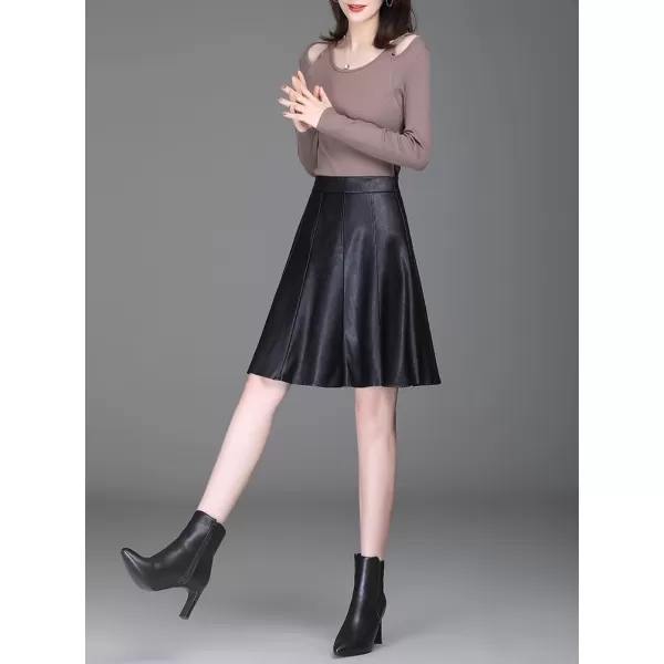 imagechouyatou Womens High Waisted Faux Leather Pleated Skirt A Line Knee Length Business Casual Midi SkirtBlack