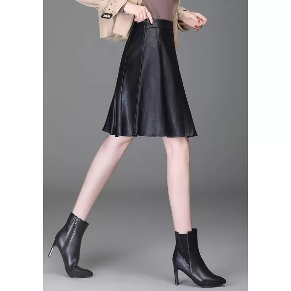 imagechouyatou Womens High Waisted Faux Leather Pleated Skirt A Line Knee Length Business Casual Midi SkirtBlack