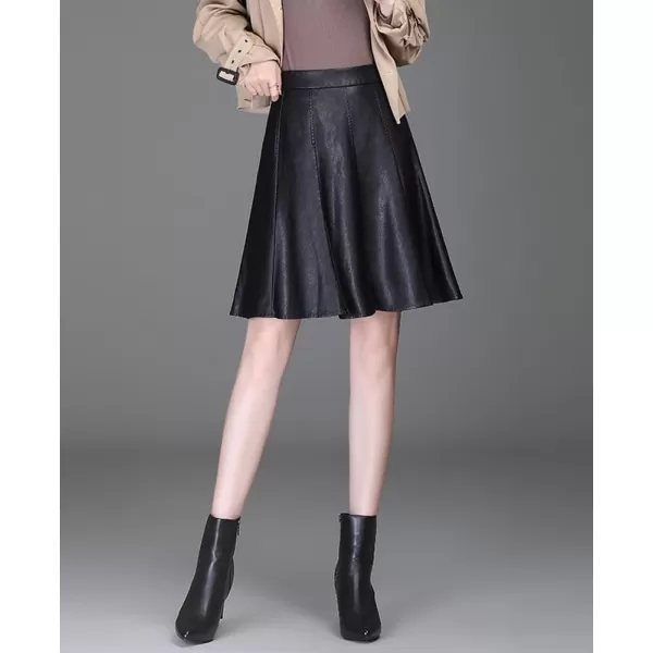 imagechouyatou Womens High Waisted Faux Leather Pleated Skirt A Line Knee Length Business Casual Midi SkirtBlack