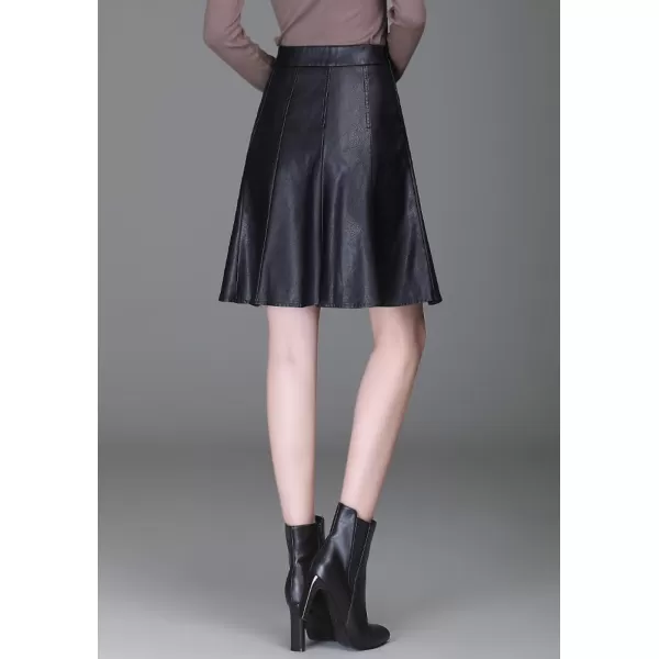 imagechouyatou Womens High Waisted Faux Leather Pleated Skirt A Line Knee Length Business Casual Midi SkirtBlack