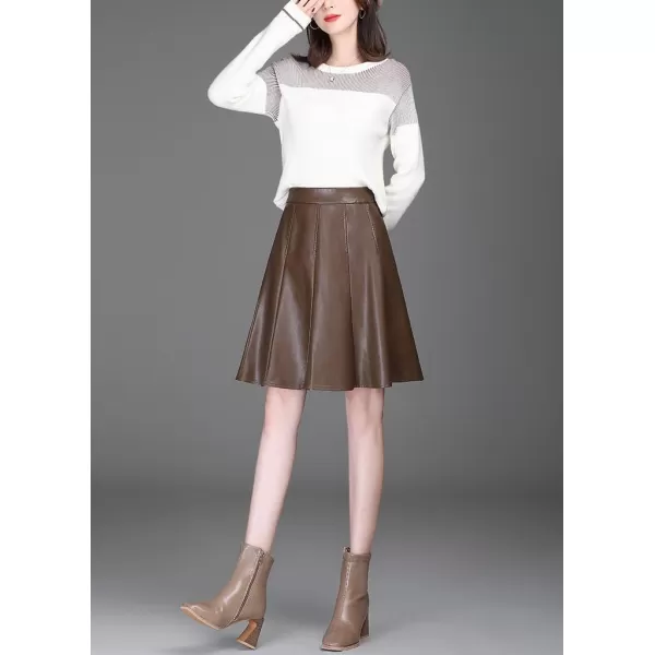 imagechouyatou Womens High Waisted Faux Leather Pleated Skirt A Line Knee Length Business Casual Midi SkirtCoffee