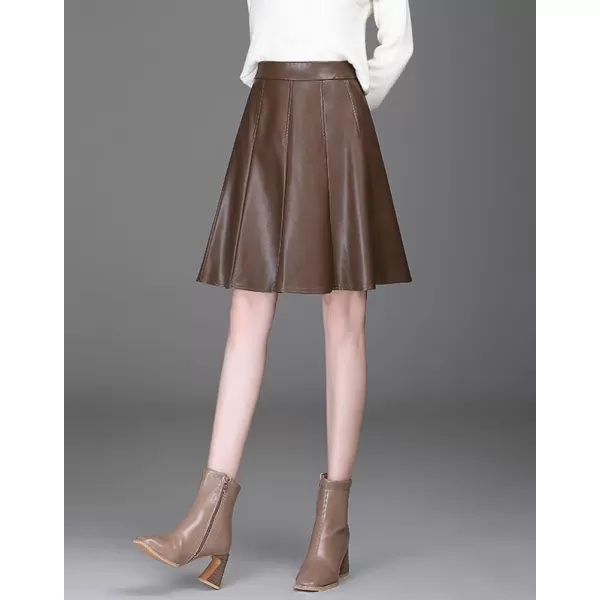 imagechouyatou Womens High Waisted Faux Leather Pleated Skirt A Line Knee Length Business Casual Midi SkirtCoffee