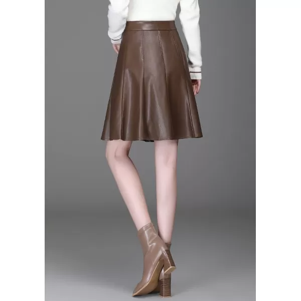 imagechouyatou Womens High Waisted Faux Leather Pleated Skirt A Line Knee Length Business Casual Midi SkirtCoffee