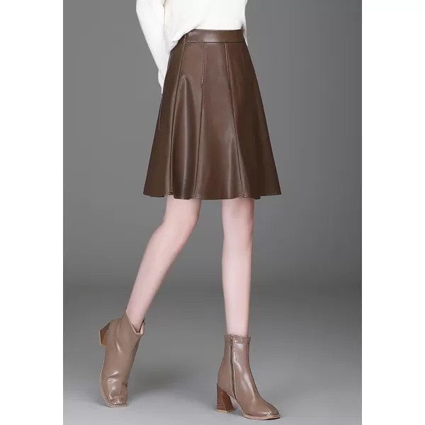 imagechouyatou Womens High Waisted Faux Leather Pleated Skirt A Line Knee Length Business Casual Midi SkirtCoffee