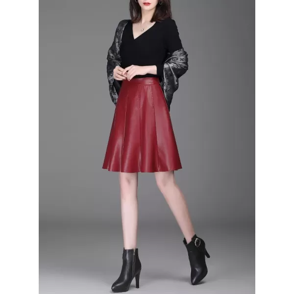 imagechouyatou Womens High Waisted Faux Leather Pleated Skirt A Line Knee Length Business Casual Midi SkirtRed