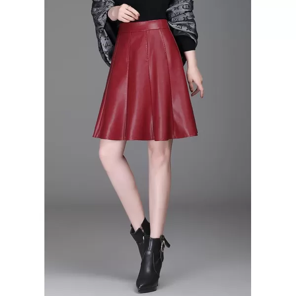 imagechouyatou Womens High Waisted Faux Leather Pleated Skirt A Line Knee Length Business Casual Midi SkirtRed