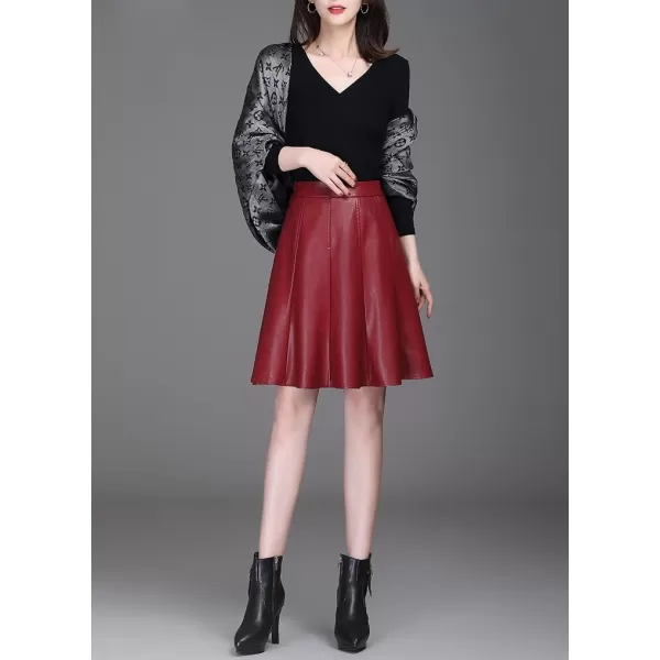 imagechouyatou Womens High Waisted Faux Leather Pleated Skirt A Line Knee Length Business Casual Midi SkirtRed