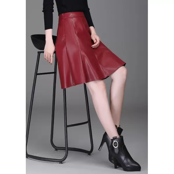 imagechouyatou Womens High Waisted Faux Leather Pleated Skirt A Line Knee Length Business Casual Midi SkirtRed
