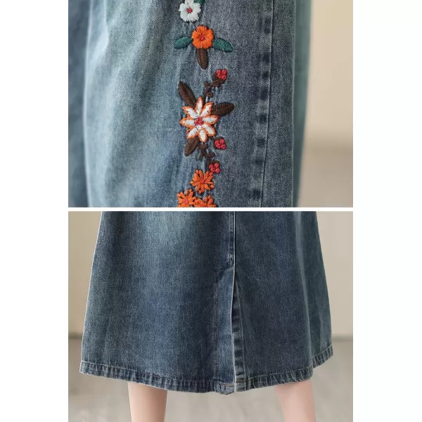 imagechouyatou Womens Retro Floral Embroidered ALine Elastic Waist Midi Long Denim Skirt with PocketsDenim Blue