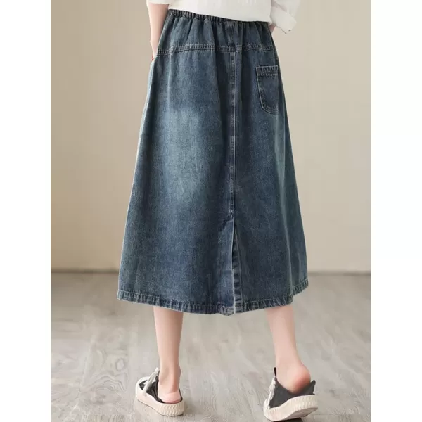 imagechouyatou Womens Retro Floral Embroidered ALine Elastic Waist Midi Long Denim Skirt with PocketsDenim Blue