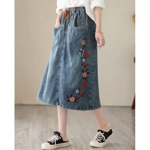 imagechouyatou Womens Retro Floral Embroidered ALine Elastic Waist Midi Long Denim Skirt with PocketsDenim Blue