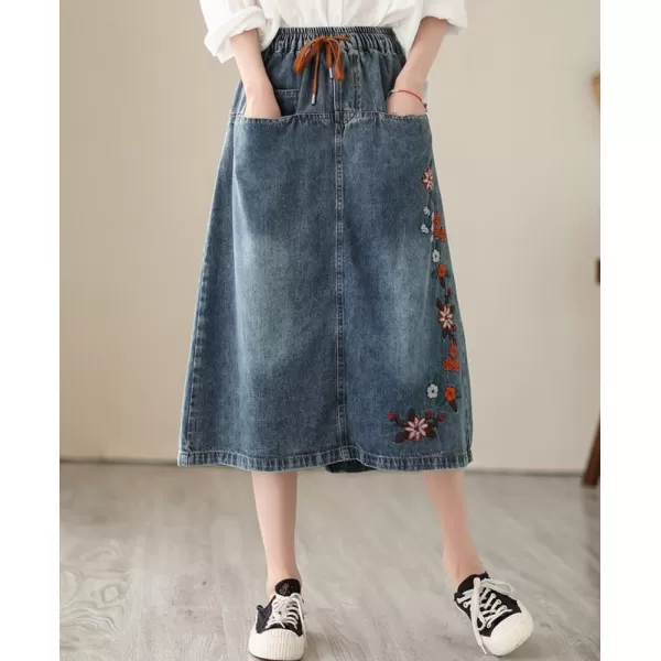 imagechouyatou Womens Retro Floral Embroidered ALine Elastic Waist Midi Long Denim Skirt with PocketsDenim Blue
