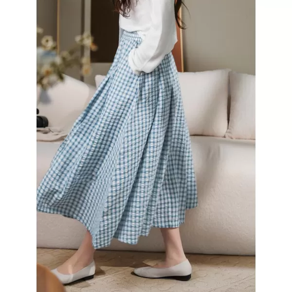 imagechouyatou Womens Retro Plaid Pleated Long Skirts High Elastic Waist Swing Gingham Midi Skirt with PocketsBlue