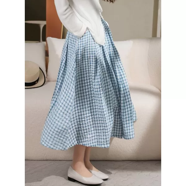 imagechouyatou Womens Retro Plaid Pleated Long Skirts High Elastic Waist Swing Gingham Midi Skirt with PocketsBlue