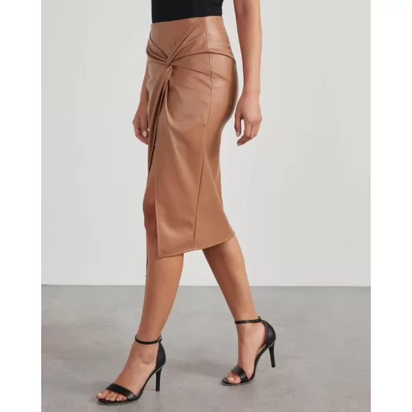 imagechouyatou Womens Sexy Package Hip High Waist Front Twist Knot Pu Faux Leather Midi Long Skirt with SlitApricot Brown
