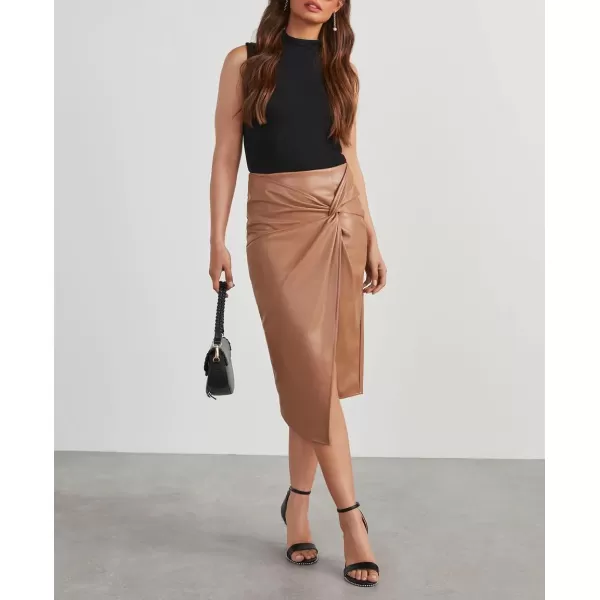 imagechouyatou Womens Sexy Package Hip High Waist Front Twist Knot Pu Faux Leather Midi Long Skirt with SlitApricot Brown