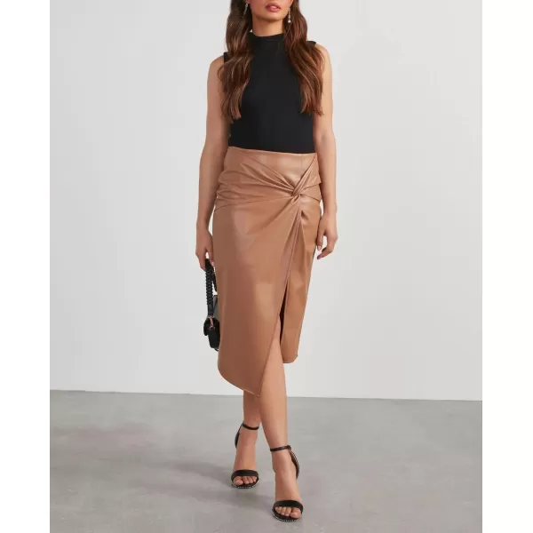 imagechouyatou Womens Sexy Package Hip High Waist Front Twist Knot Pu Faux Leather Midi Long Skirt with SlitApricot Brown