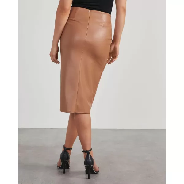 imagechouyatou Womens Sexy Package Hip High Waist Front Twist Knot Pu Faux Leather Midi Long Skirt with SlitApricot Brown