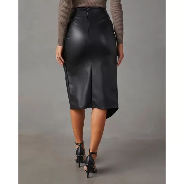 imagechouyatou Womens Sexy Package Hip High Waist Front Twist Knot Pu Faux Leather Midi Long Skirt with SlitBlack