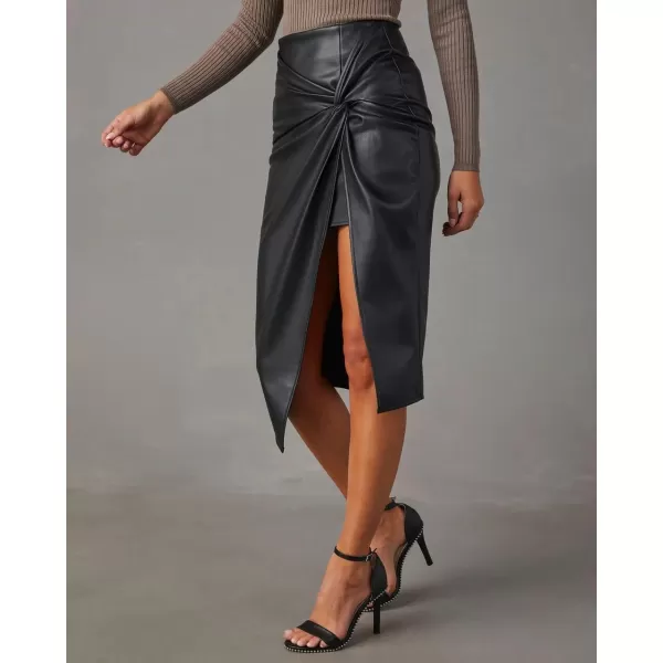 imagechouyatou Womens Sexy Package Hip High Waist Front Twist Knot Pu Faux Leather Midi Long Skirt with SlitBlack