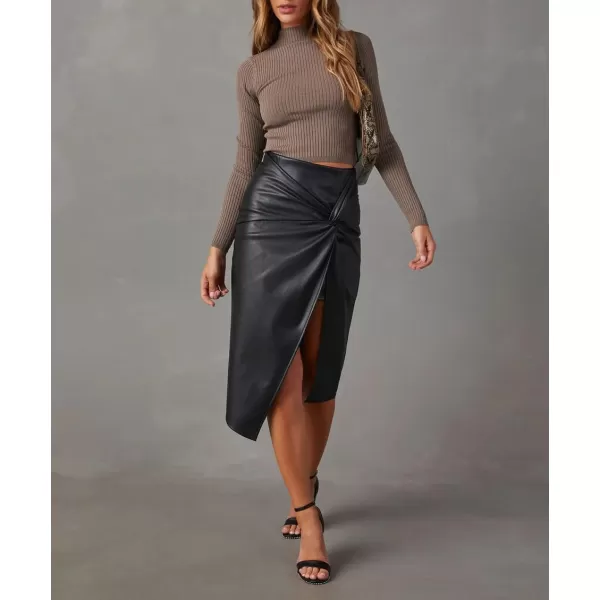 imagechouyatou Womens Sexy Package Hip High Waist Front Twist Knot Pu Faux Leather Midi Long Skirt with SlitBlack