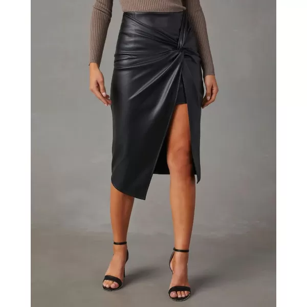 imagechouyatou Womens Sexy Package Hip High Waist Front Twist Knot Pu Faux Leather Midi Long Skirt with SlitBlack