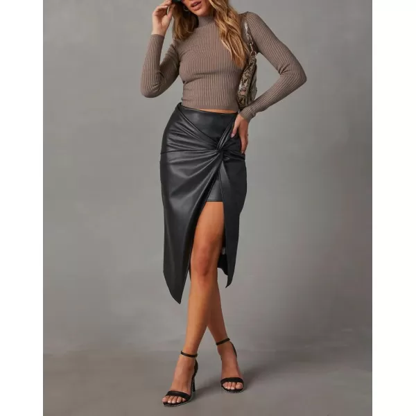 imagechouyatou Womens Sexy Package Hip High Waist Front Twist Knot Pu Faux Leather Midi Long Skirt with SlitBlack