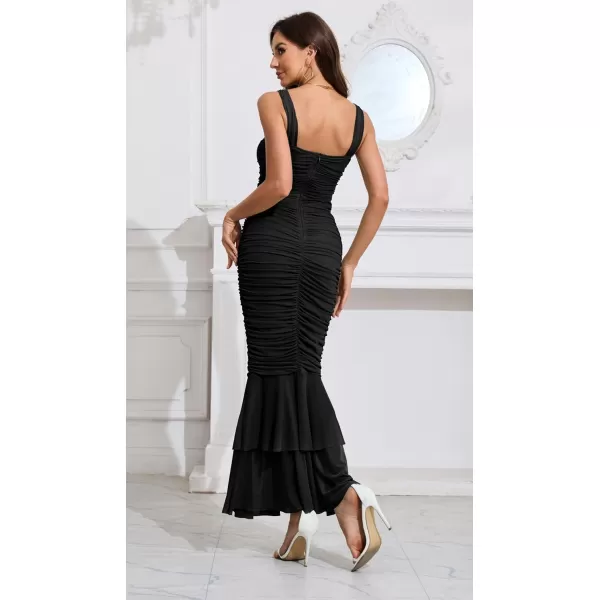 imagechouyatou Womens Strenchy Ruched Bodycon Cocktail Party Dress Maxi Mermaid Corset Dress Evening GownBlack