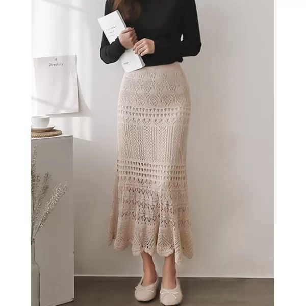 imagechouyatou Womens Stretched High Waist Crochet Hollow Out Knit Flowy Patterned Lace Maxi SkirtBeige