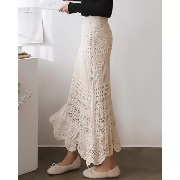 imagechouyatou Womens Stretched High Waist Crochet Hollow Out Knit Flowy Patterned Lace Maxi SkirtBeige