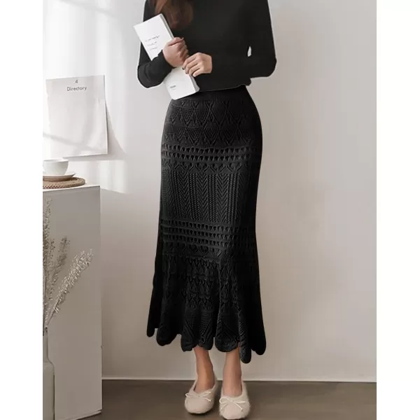 imagechouyatou Womens Stretched High Waist Crochet Hollow Out Knit Flowy Patterned Lace Maxi SkirtBlack