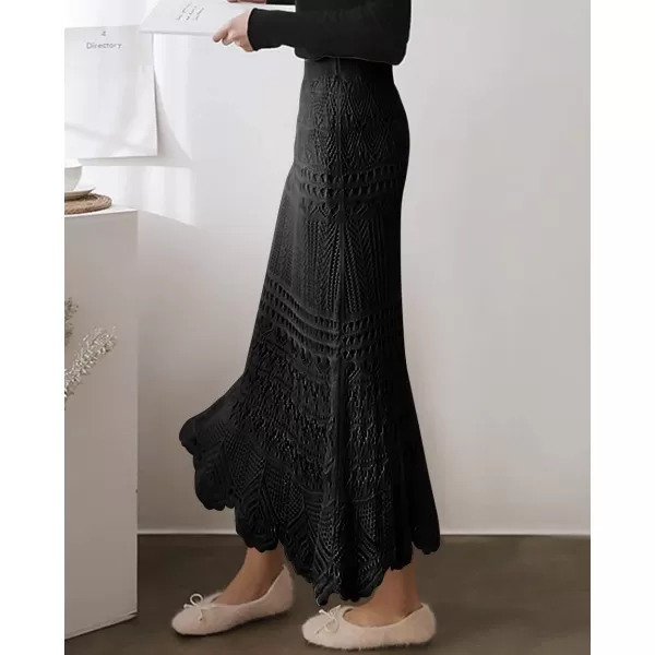 imagechouyatou Womens Stretched High Waist Crochet Hollow Out Knit Flowy Patterned Lace Maxi SkirtBlack