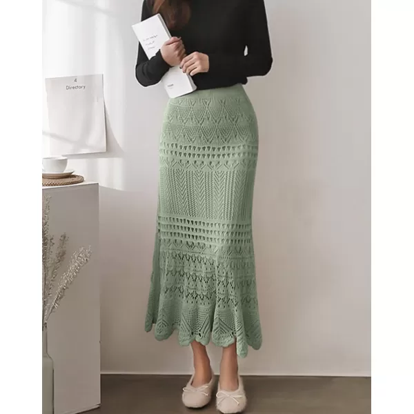 imagechouyatou Womens Stretched High Waist Crochet Hollow Out Knit Flowy Patterned Lace Maxi SkirtGreen