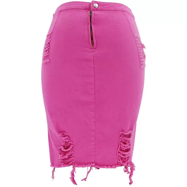 imagechouyatou Womens Stretchy High Waist ButtLifting Bodycon Ripped Denim Pencil SkirtHot Pink
