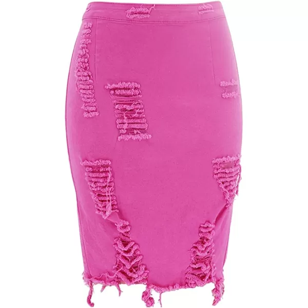 imagechouyatou Womens Stretchy High Waist ButtLifting Bodycon Ripped Denim Pencil SkirtHot Pink